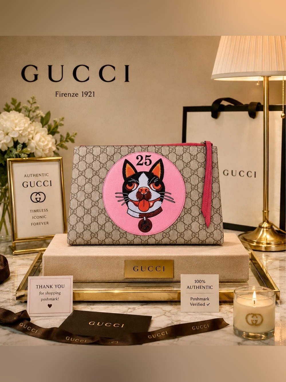 AUTH! Gucci GG Supreme Boston Terrier Signature Canvas Pouch Clutch Bag 506280